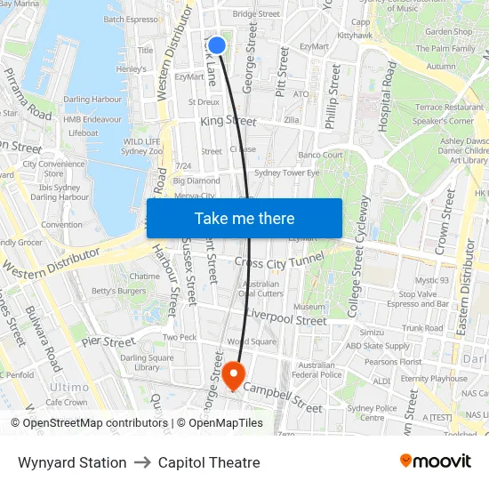 Wynyard Station to Capitol Theatre map