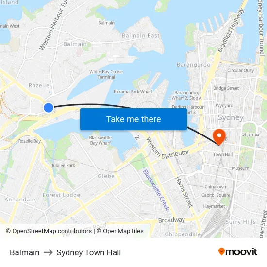 Balmain to Sydney Town Hall map