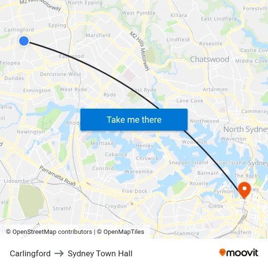 Carlingford to Sydney Town Hall map
