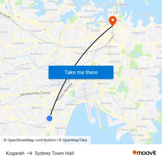 Kogarah to Sydney Town Hall map