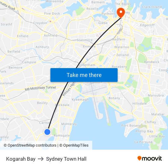 Kogarah Bay to Sydney Town Hall map