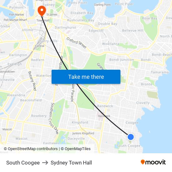 South Coogee to Sydney Town Hall map