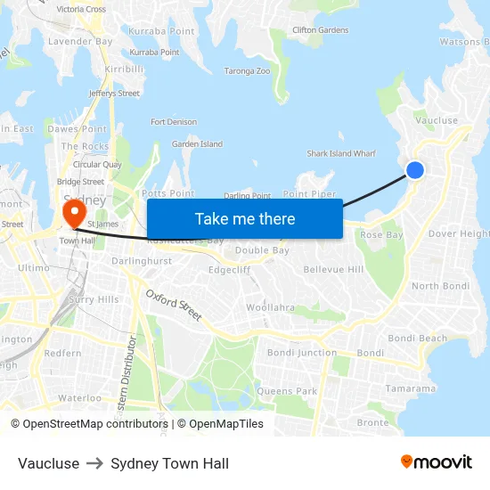 Vaucluse to Sydney Town Hall map