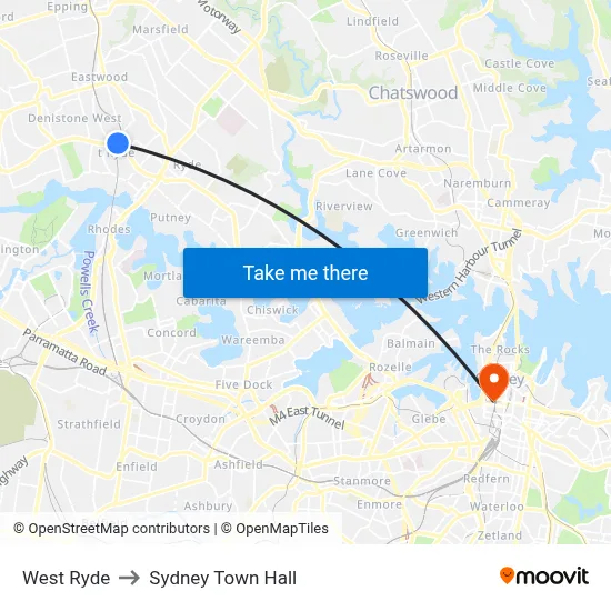 West Ryde to Sydney Town Hall map