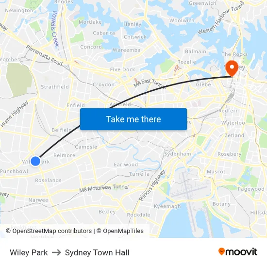 Wiley Park to Sydney Town Hall map