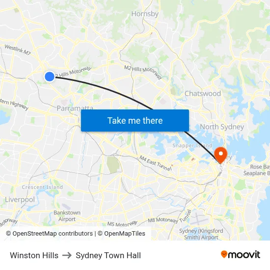Winston Hills to Sydney Town Hall map