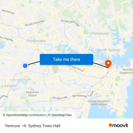 Yennora to Sydney Town Hall map