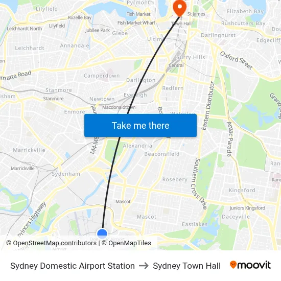 Sydney Domestic Airport Station to Sydney Town Hall map