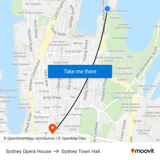 Sydney Opera House to Sydney Town Hall map