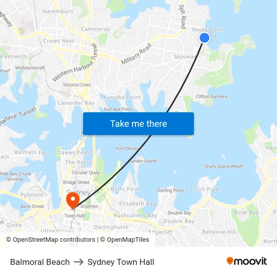 Balmoral Beach to Sydney Town Hall map