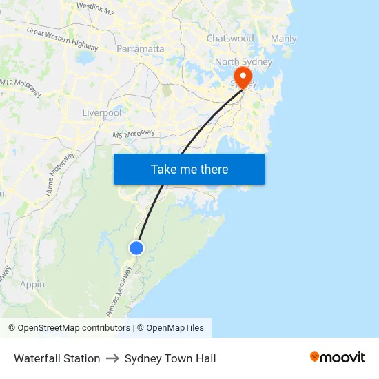 Waterfall Station to Sydney Town Hall map
