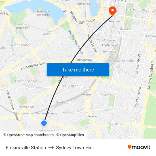 Erskineville Station to Sydney Town Hall map