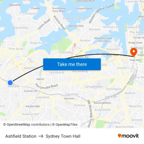 Ashfield Station to Sydney Town Hall map