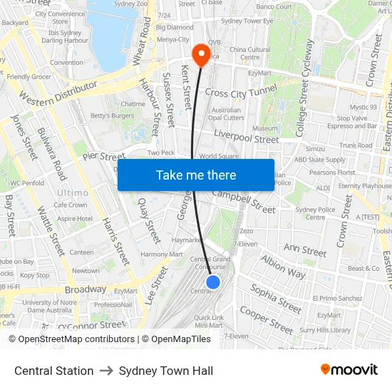 Central Station to Sydney Town Hall map