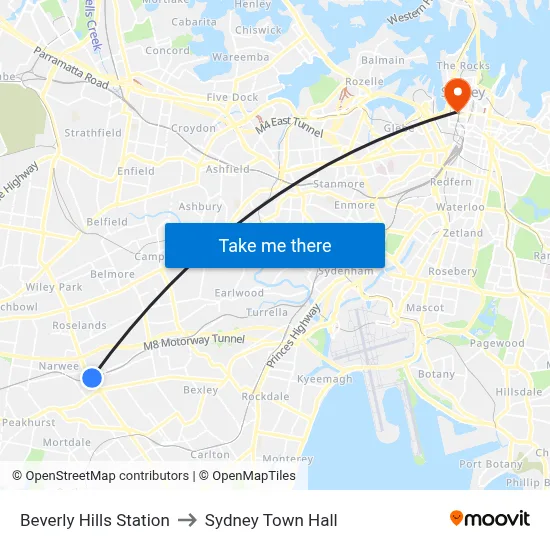 Beverly Hills Station to Sydney Town Hall map