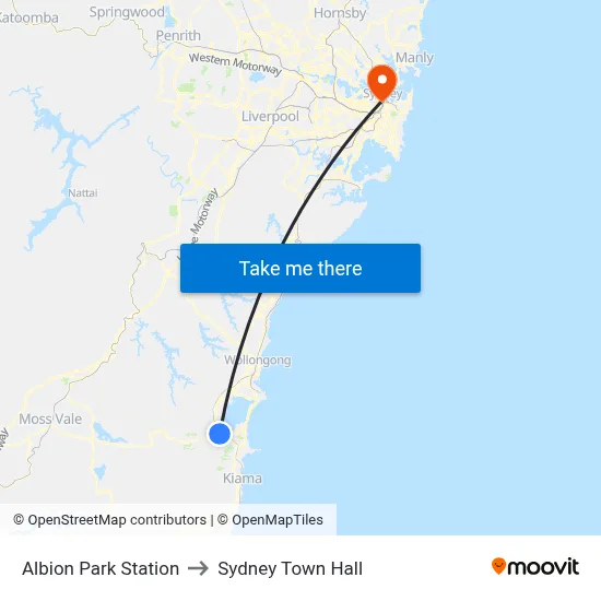 Albion Park Station to Sydney Town Hall map