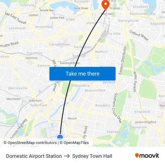 Domestic Airport Station to Sydney Town Hall map