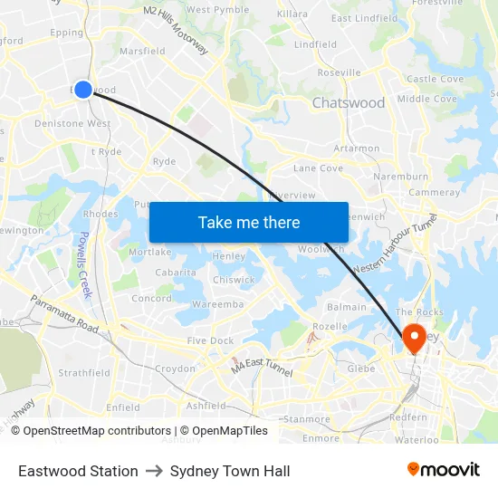 Eastwood Station to Sydney Town Hall map