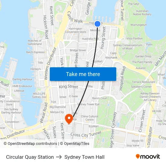 Circular Quay Station to Sydney Town Hall map
