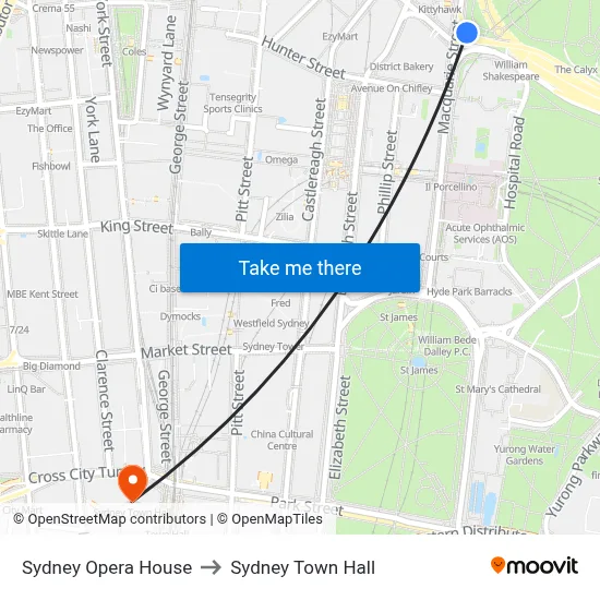 Sydney Opera House to Sydney Town Hall map
