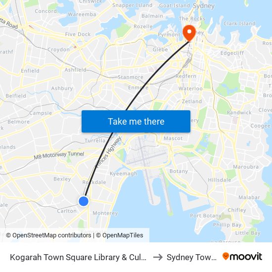 Kogarah Library to Sydney Town Hall map