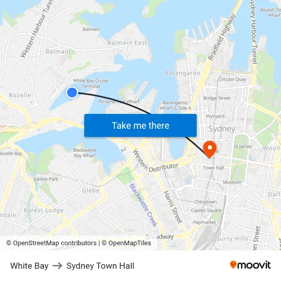 White Bay to Sydney Town Hall map
