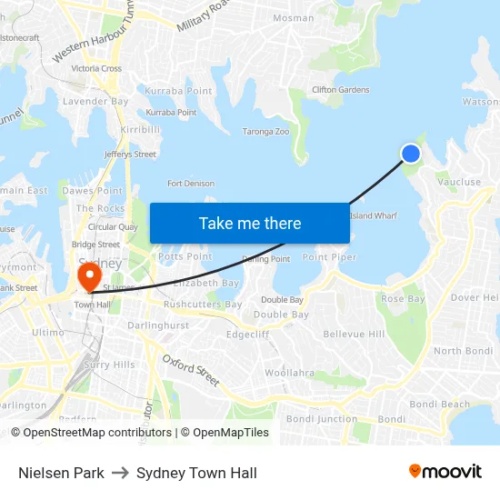 Nielsen Park to Sydney Town Hall map