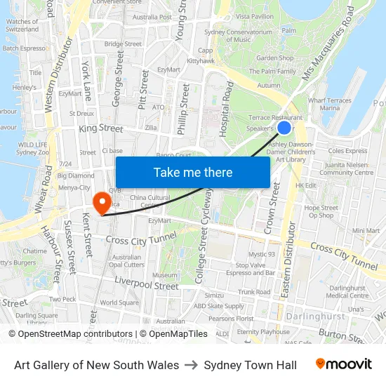 Art Gallery of New South Wales to Sydney Town Hall map