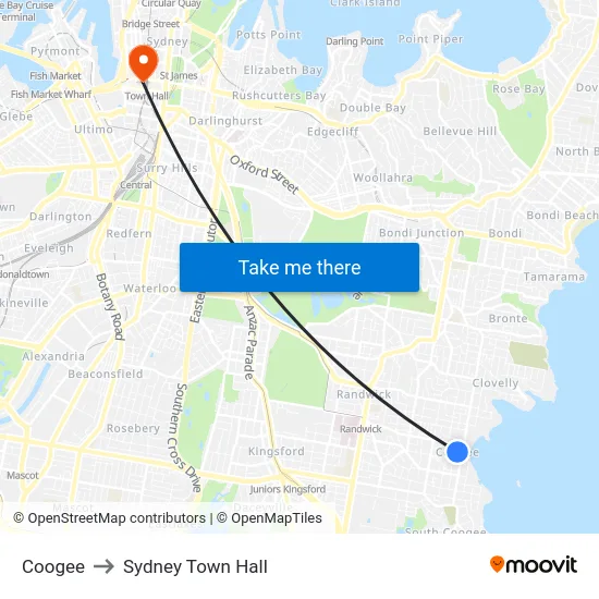 Coogee to Sydney Town Hall map