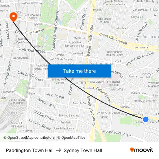Paddington Town Hall to Sydney Town Hall map