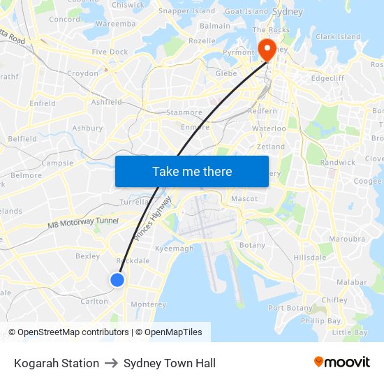 Kogarah Station to Sydney Town Hall map