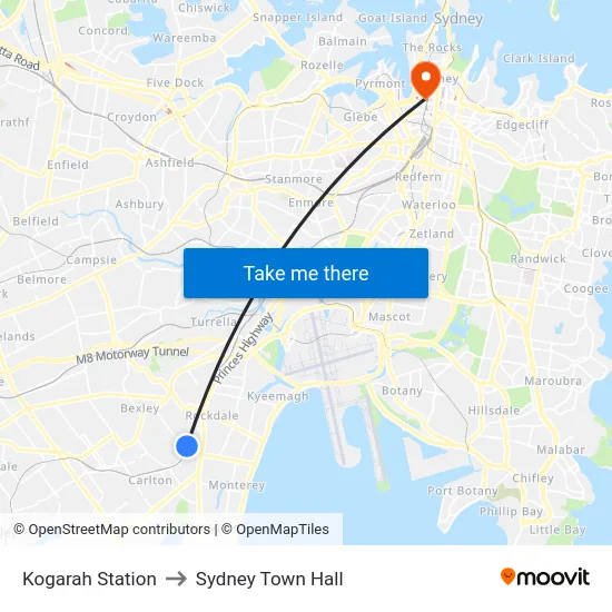 Kogarah Station to Sydney Town Hall map