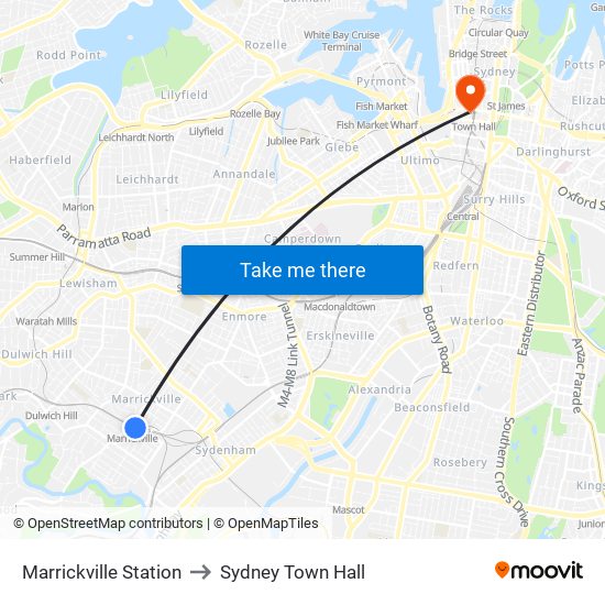 Marrickville Station to Sydney Town Hall map
