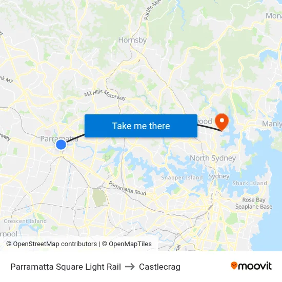 Parramatta Square Light Rail to Castlecrag map
