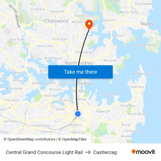 Central Grand Concourse Light Rail to Castlecrag map