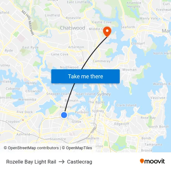 Rozelle Bay Light Rail to Castlecrag map