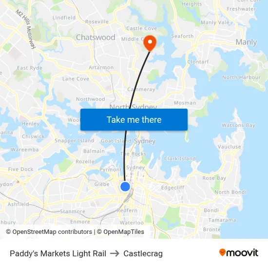 Paddy's Markets Light Rail to Castlecrag map