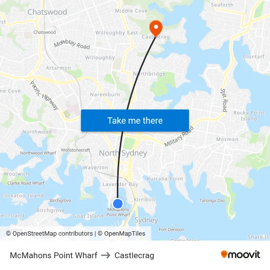 McMahons Point Wharf to Castlecrag map