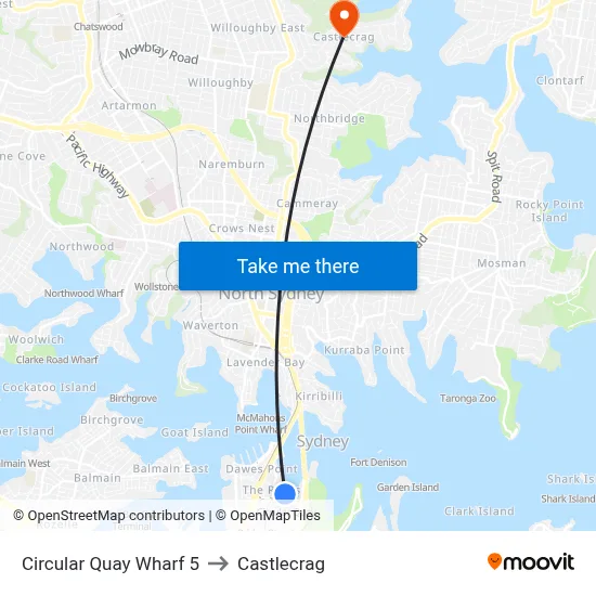Circular Quay Wharf 5 to Castlecrag map