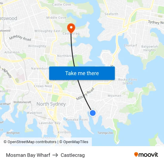 Mosman Bay Wharf to Castlecrag map