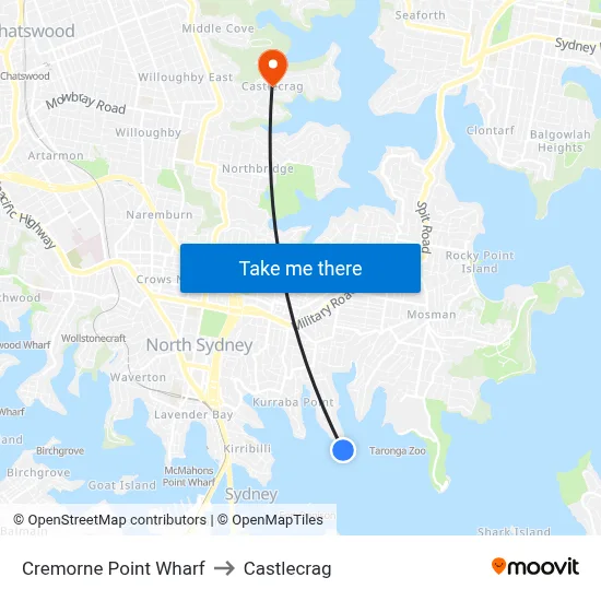 Cremorne Point Wharf to Castlecrag map