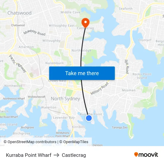 Kurraba Point Wharf to Castlecrag map
