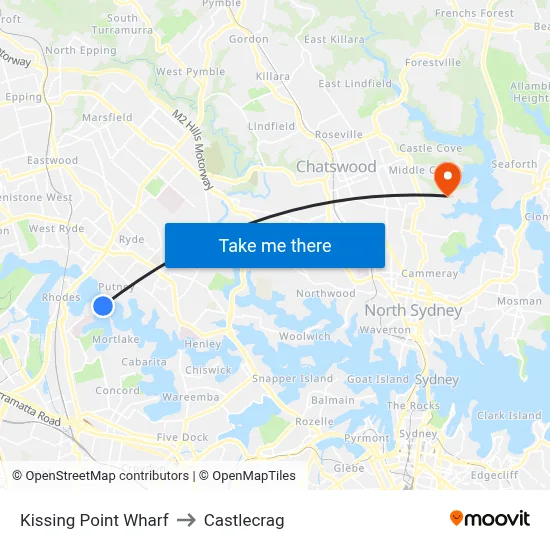 Kissing Point Wharf to Castlecrag map