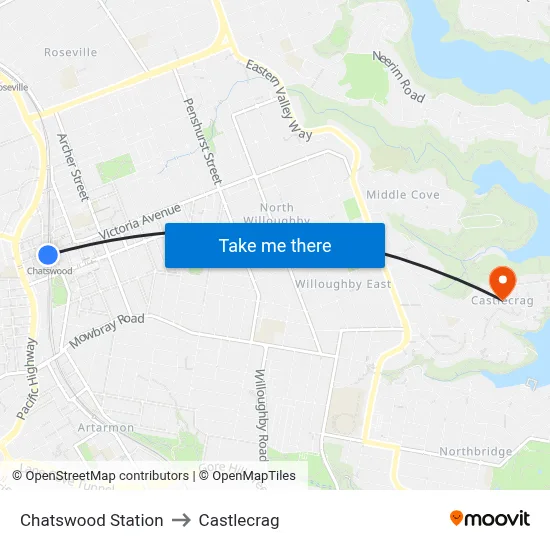 Chatswood Station to Castlecrag map
