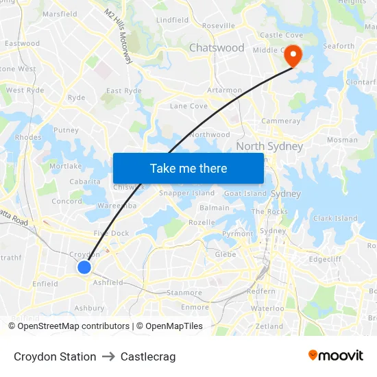 Croydon Station to Castlecrag map