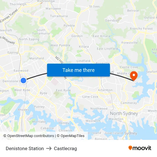 Denistone Station to Castlecrag map