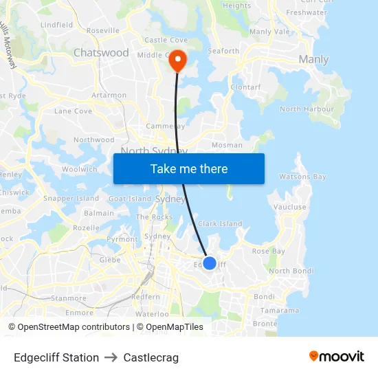 Edgecliff Station to Castlecrag map