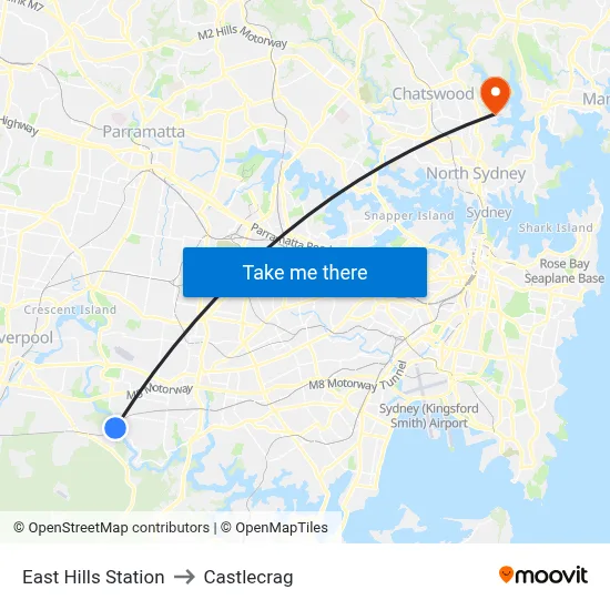 East Hills Station to Castlecrag map