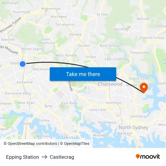 Epping Station to Castlecrag map
