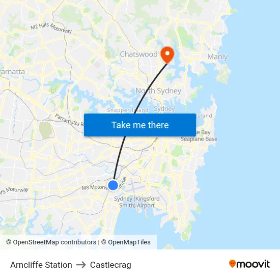 Arncliffe Station to Castlecrag map